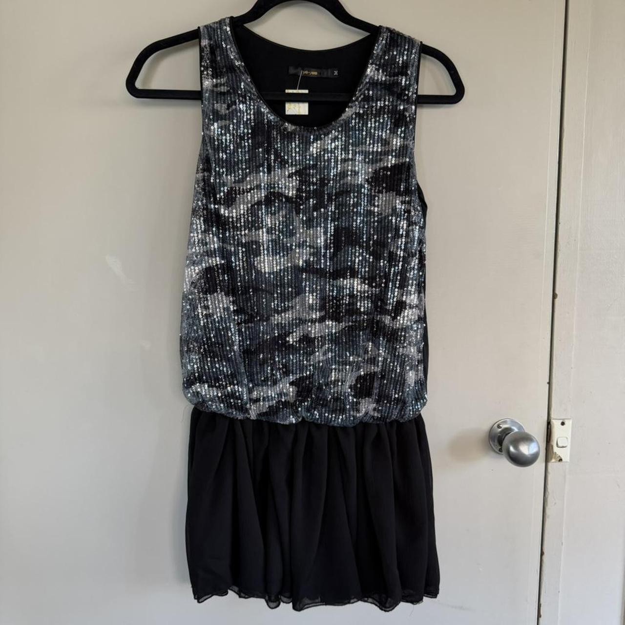 Vintage Y2K Sequinned Camouflage Ruffle Hem Drop Waist Dress