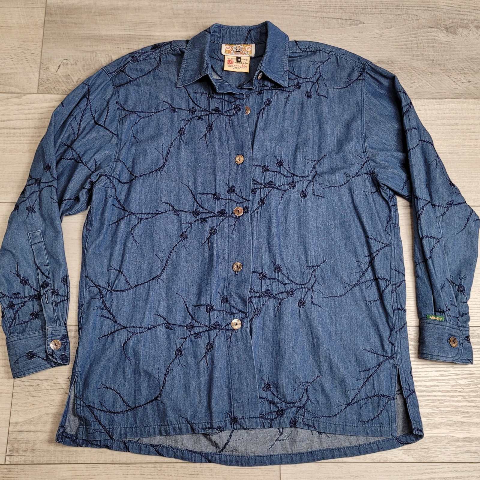 Vintage Gene Ewin BIS Shirt Womens M Wrinkled Rich Denim Embroidered 90’s USA