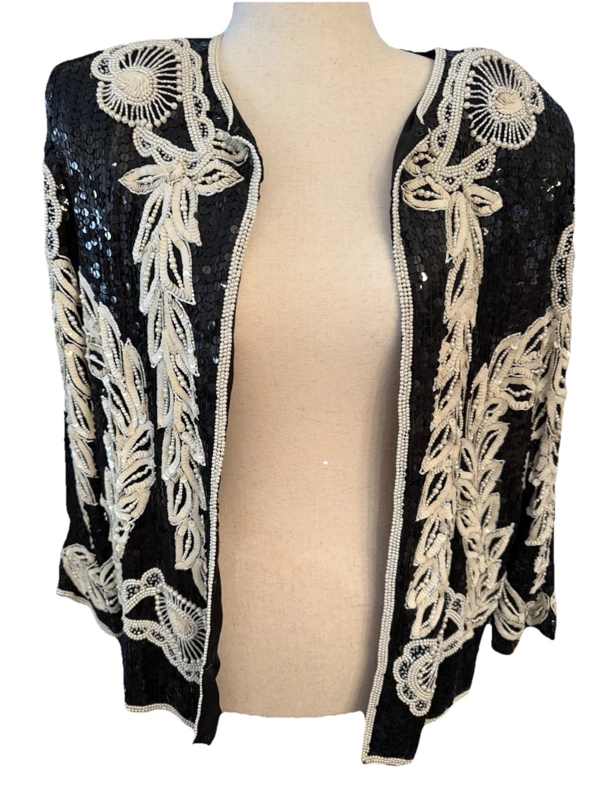 Vintage Black And White Beaded and Sequined Lined Silk Evening Jacket sz L