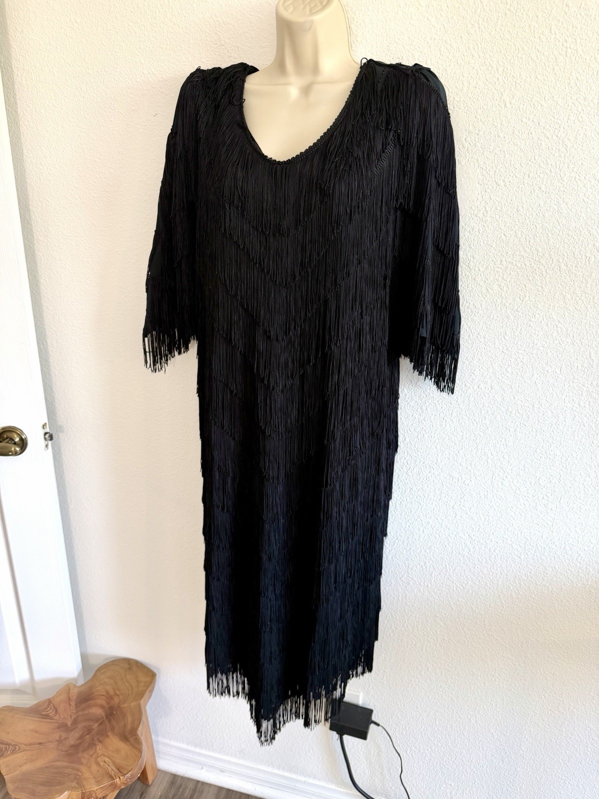 Vintage 80s Fully Fringe Dress Black Sz XL Flapper Knee Length Art Deco Cocktail