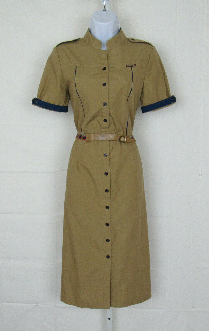 VTG 1980s JORDACHE KHAKI DRESS & BELT SIZE 13/14 POLY COTTON BLEND BLUE TRIM