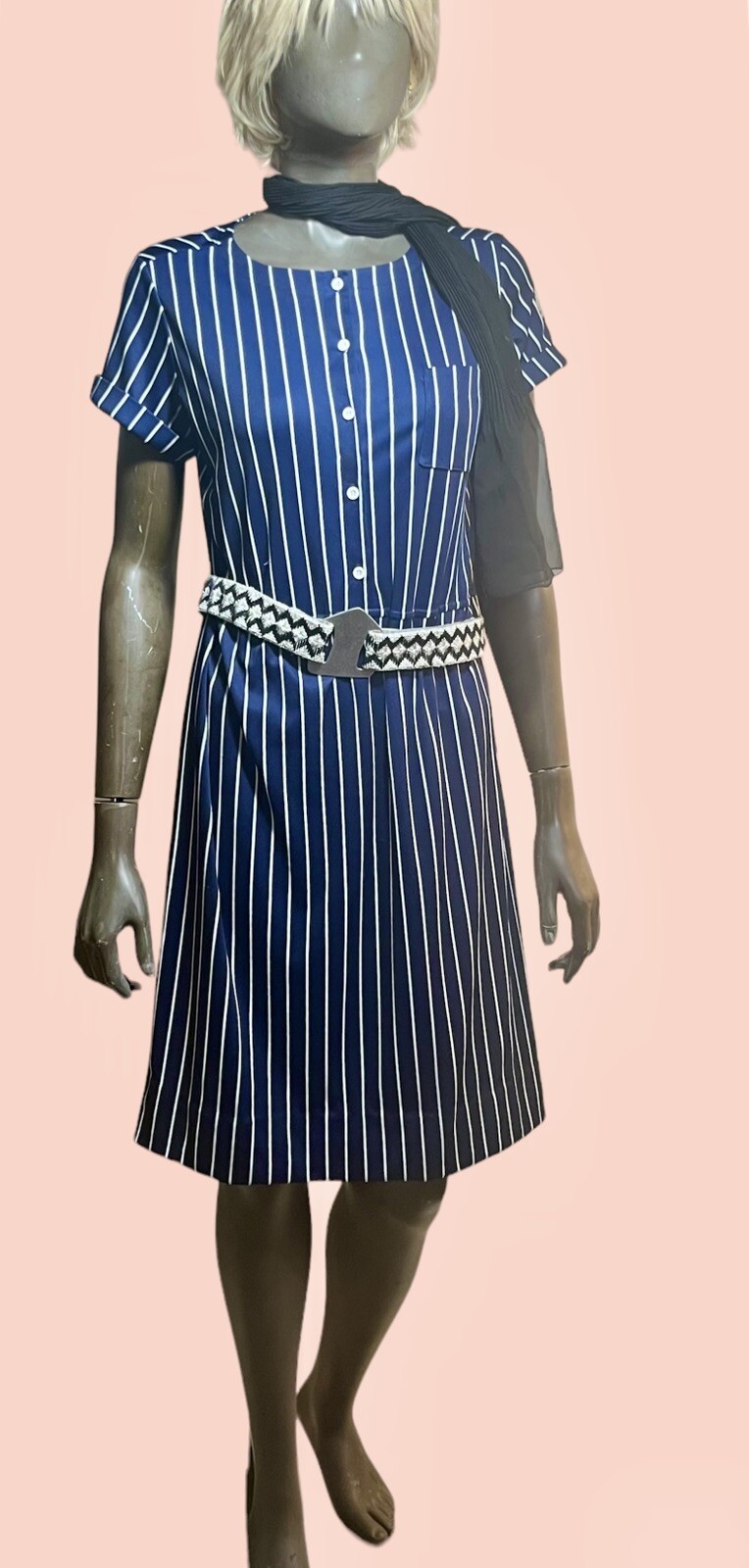 Vintage LANVIN 1970s Poly Knit French Designer Embroidered Logo Day Dress L 16