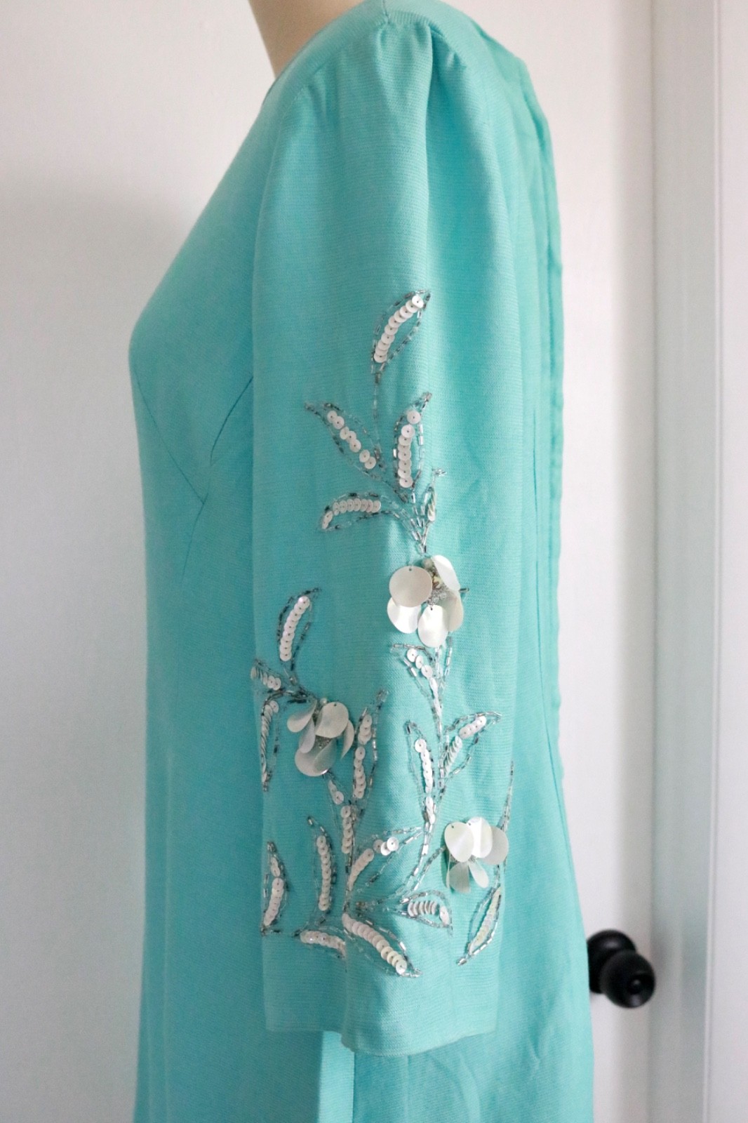 Vintage 50s 60s Turquoise Rhinestone Beaded Sequin Dress Size M Mid Century