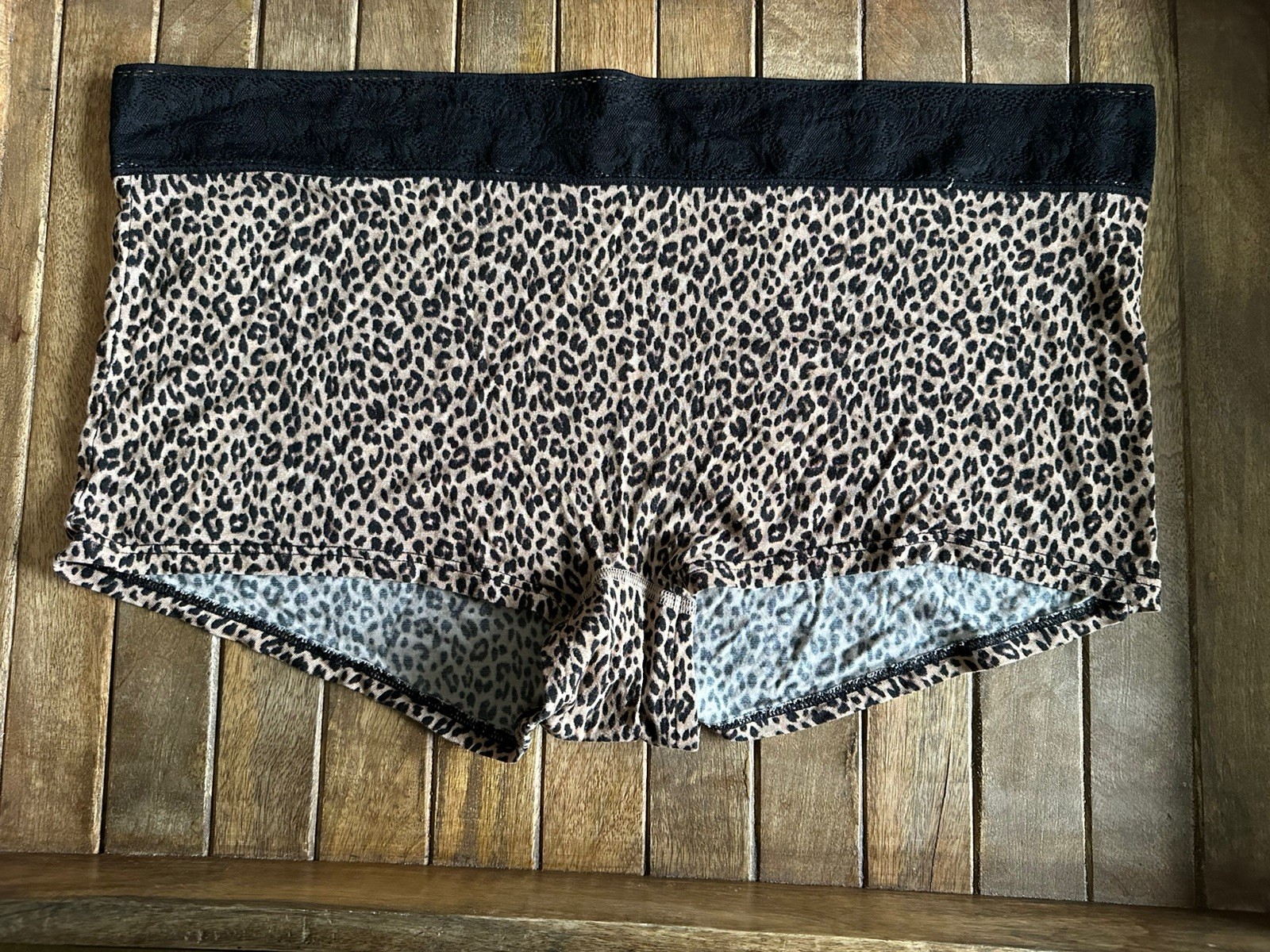 Vtg Joyspun XL 16/18 Animal Print Boyshort Panties W Black Lace Trim