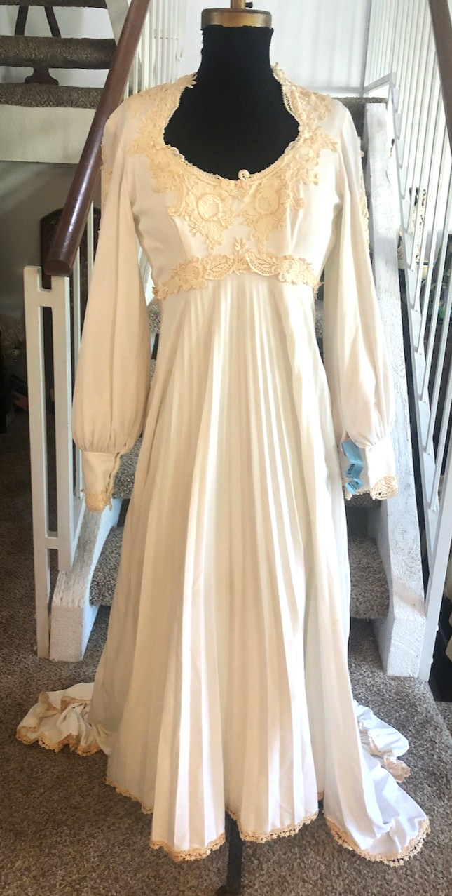 Vtg 70s Edwardian Wedding Dress S 6 Poet Sleeves Train Ivory Lace Gunne Style