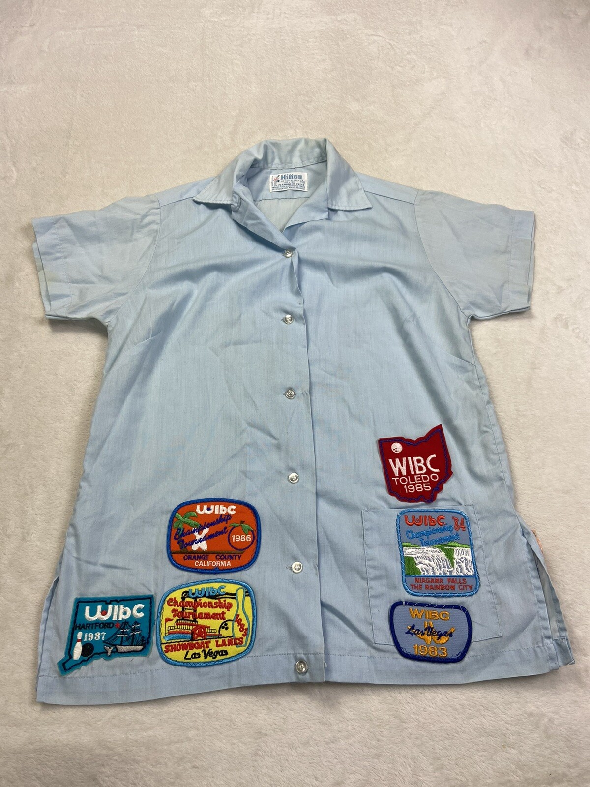 Vintage Hilton Womens Bowling Shirt Size 32 Retro “Kay Walsh” Multiple Patches
