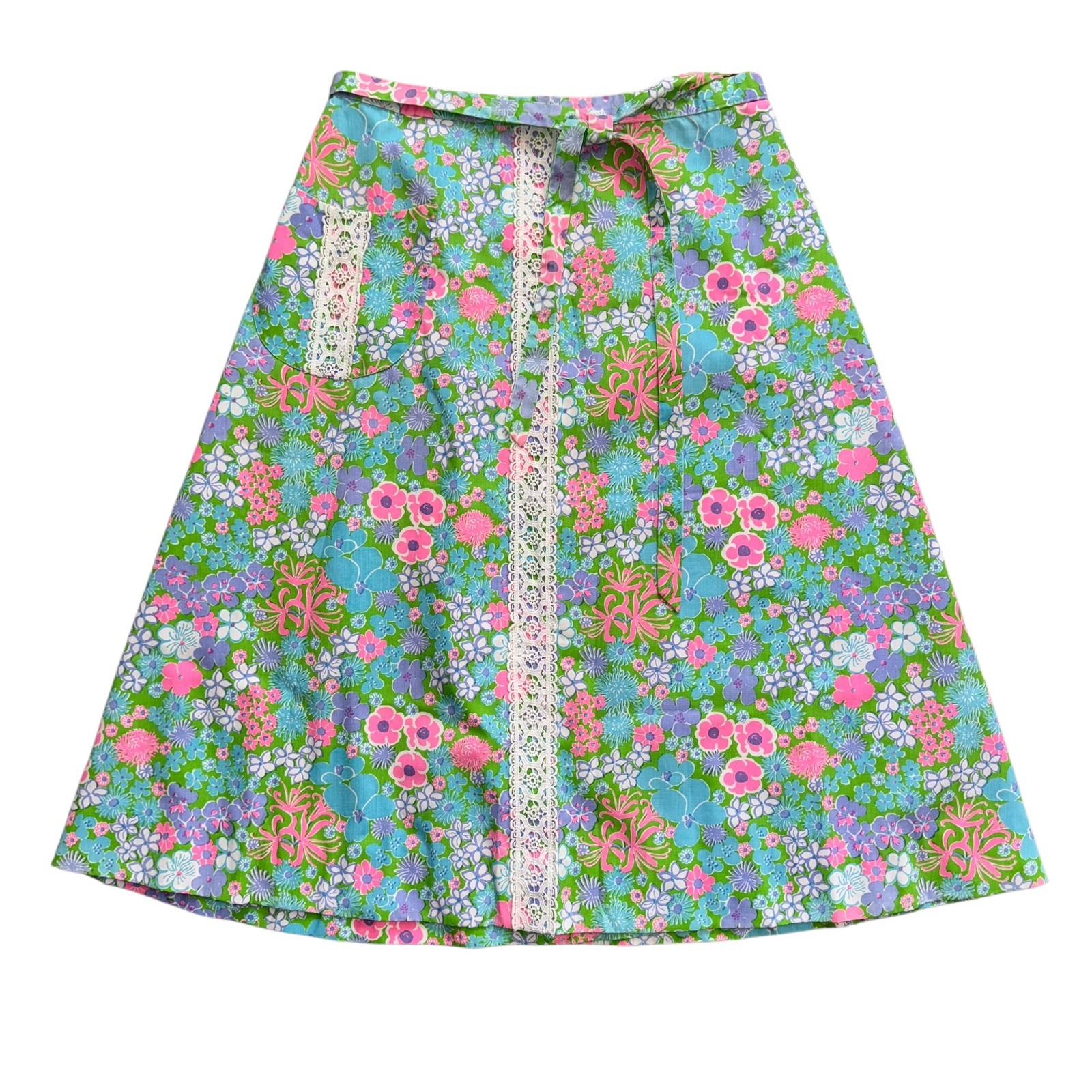 Vtg 70s Lilly Pulitzer Floral Wrap Skirt White Lace Detail Pocket 29” Waist Sz S