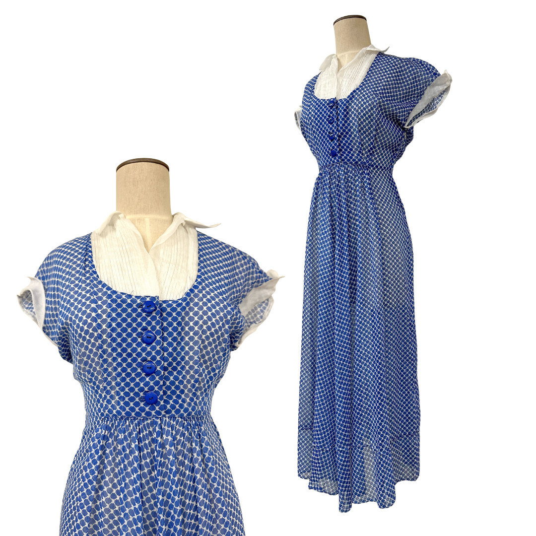 Vintage 1940s Blue & White Printed Semi Sheer A-line Day Dress
