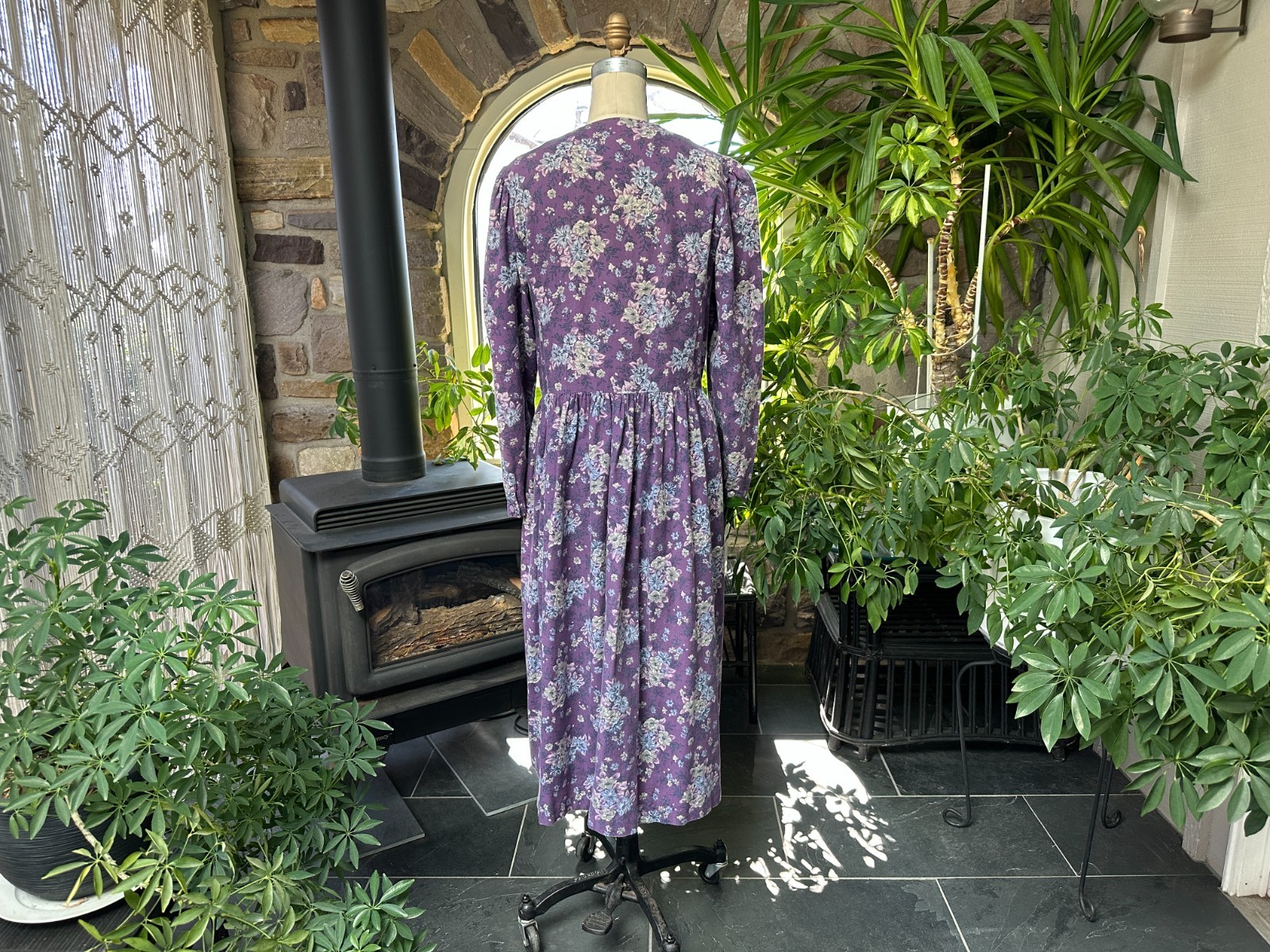 Vintage 1980s Laura Ashley Muted Purples and Gray Ditsy Floral Cotton Wool Dress