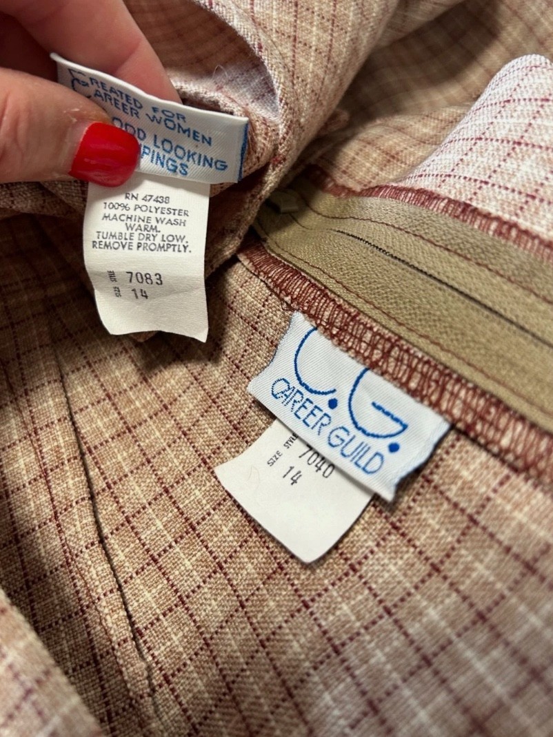 60s-70s Plaid Vest Top Skirt Set Size Small Career Guild Vintage Midi Brown Red