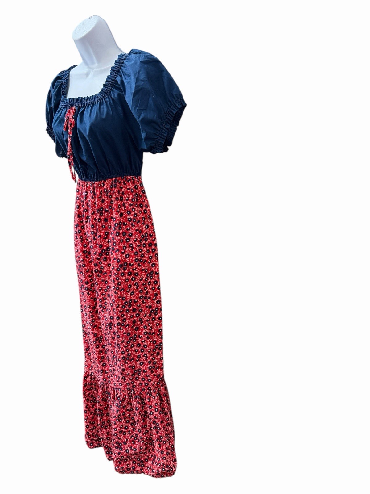 Vtg 70s Tiered Prarie Maxi Dress XS Patriotic Red White Blue Cotton Cottage