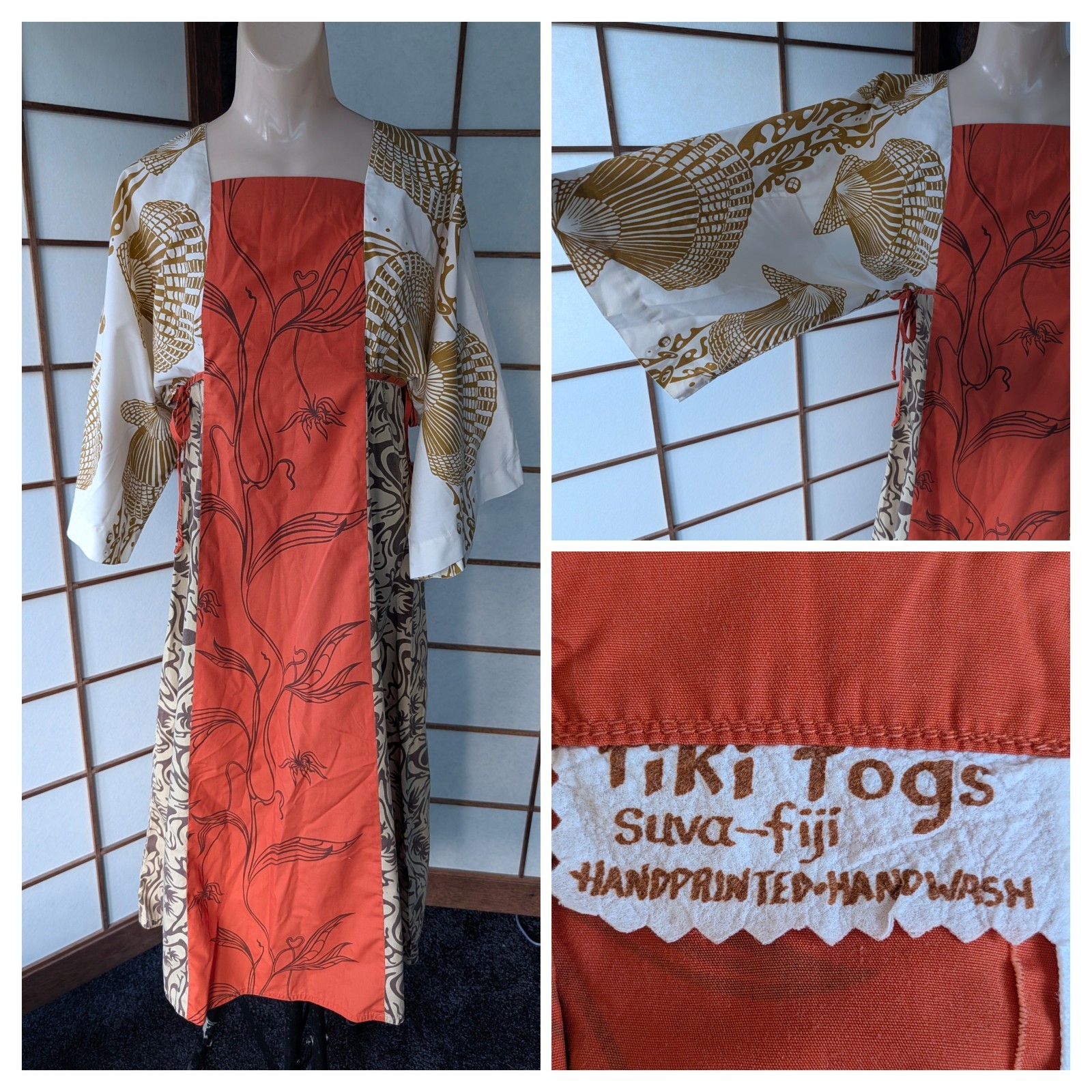 Vintage1970s Tiki Togs Suva Fiji Hawaiian Maxi Dress Caftan M Kimono Sleeves