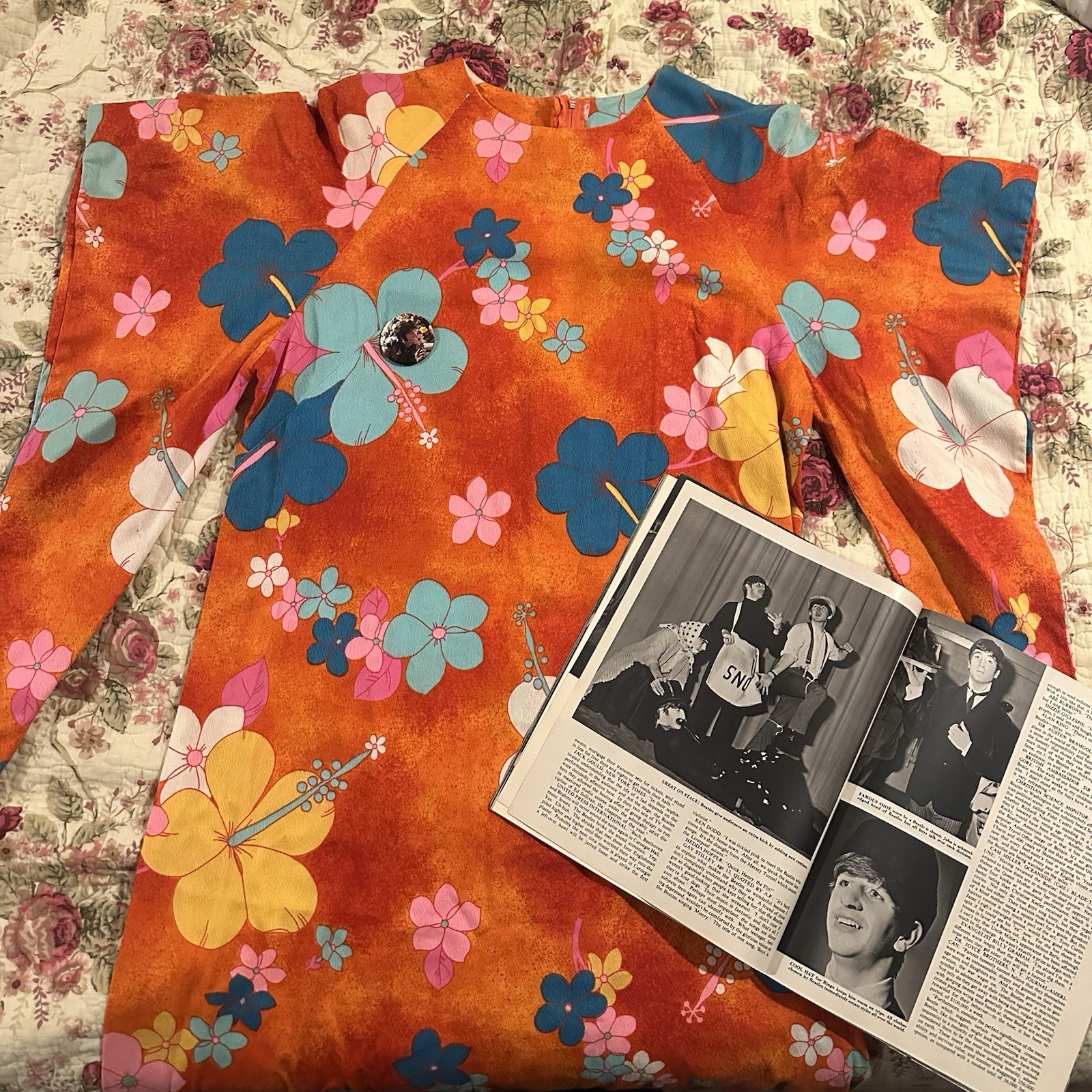True Vintage Hawaiian Barkcloth Floral Maxi Kaftan Dress Orange 60s 70s S/M Med