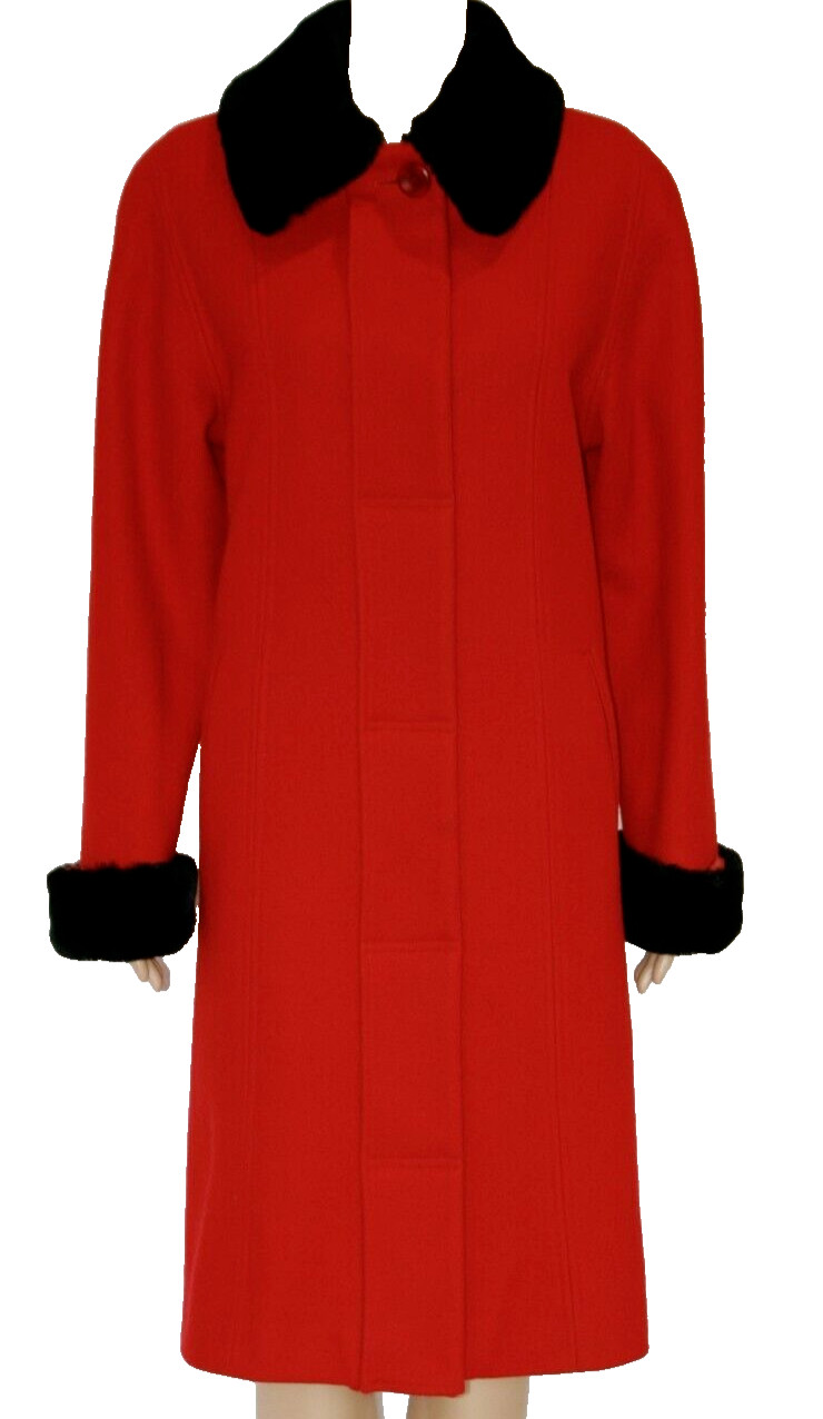 Candy Apple Red Charles Klein Midi Wool Coat w/ Black Faux Fur Collar Wms Med Lg