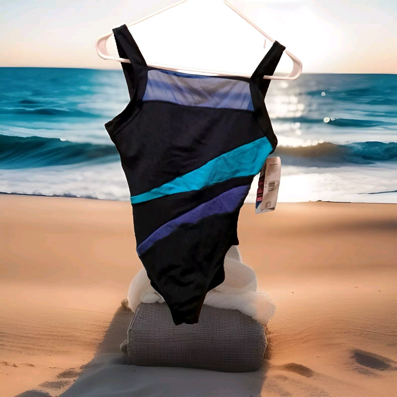 Vintage Mainstream One-piece Swimsuit High Neck Stripe Mesh Lined Size 14 New