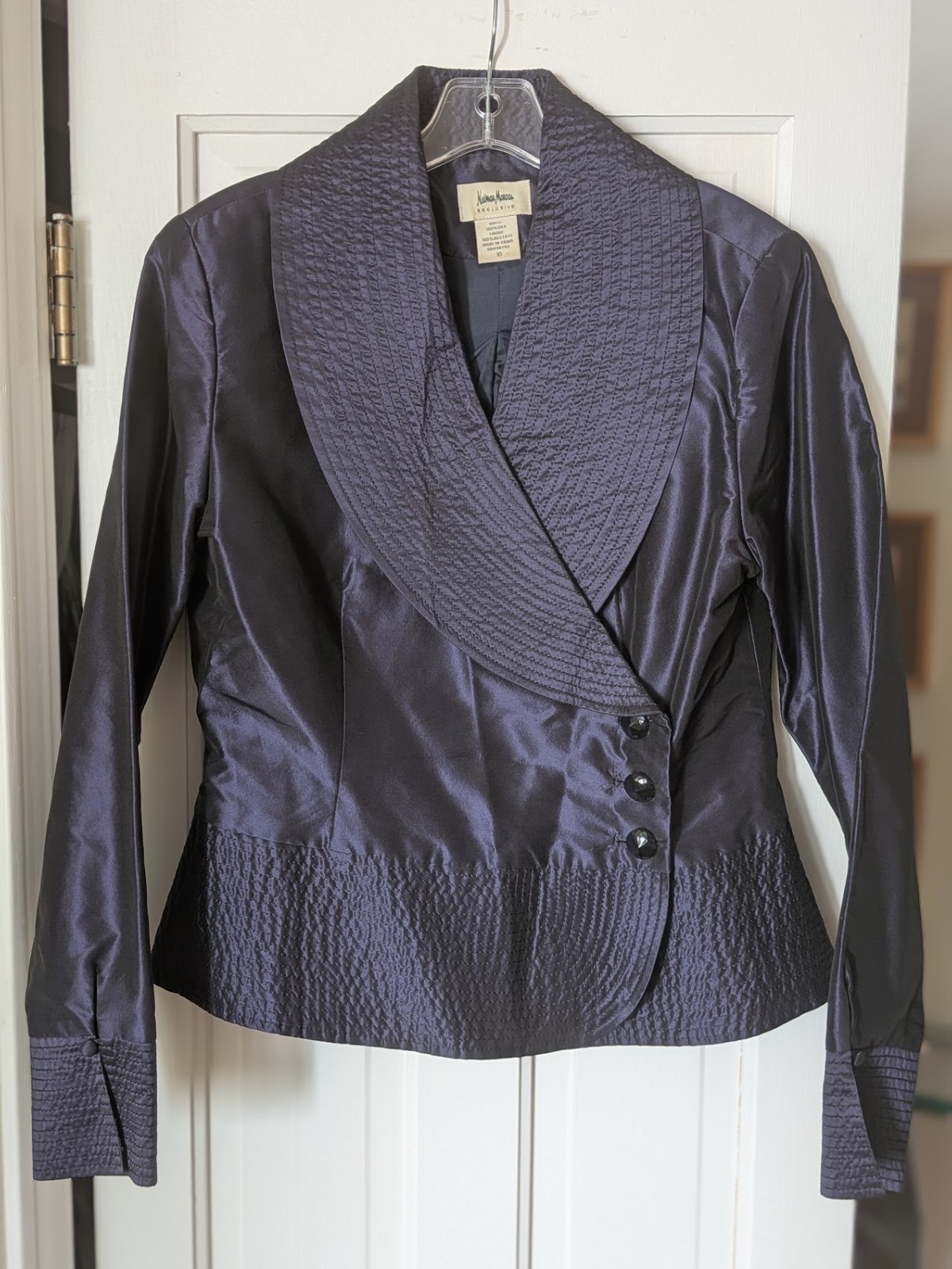 VTG Neiman Marcus Exclusive Silk Satin Skirt Suit Set 8 M Purple Ruched Tailored