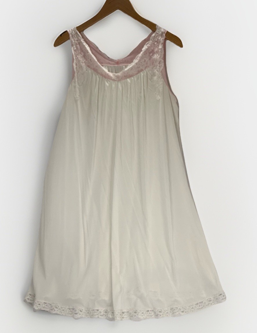 Vintage White Silky Nightgown White Lace Pink Trim A Line 37” Long