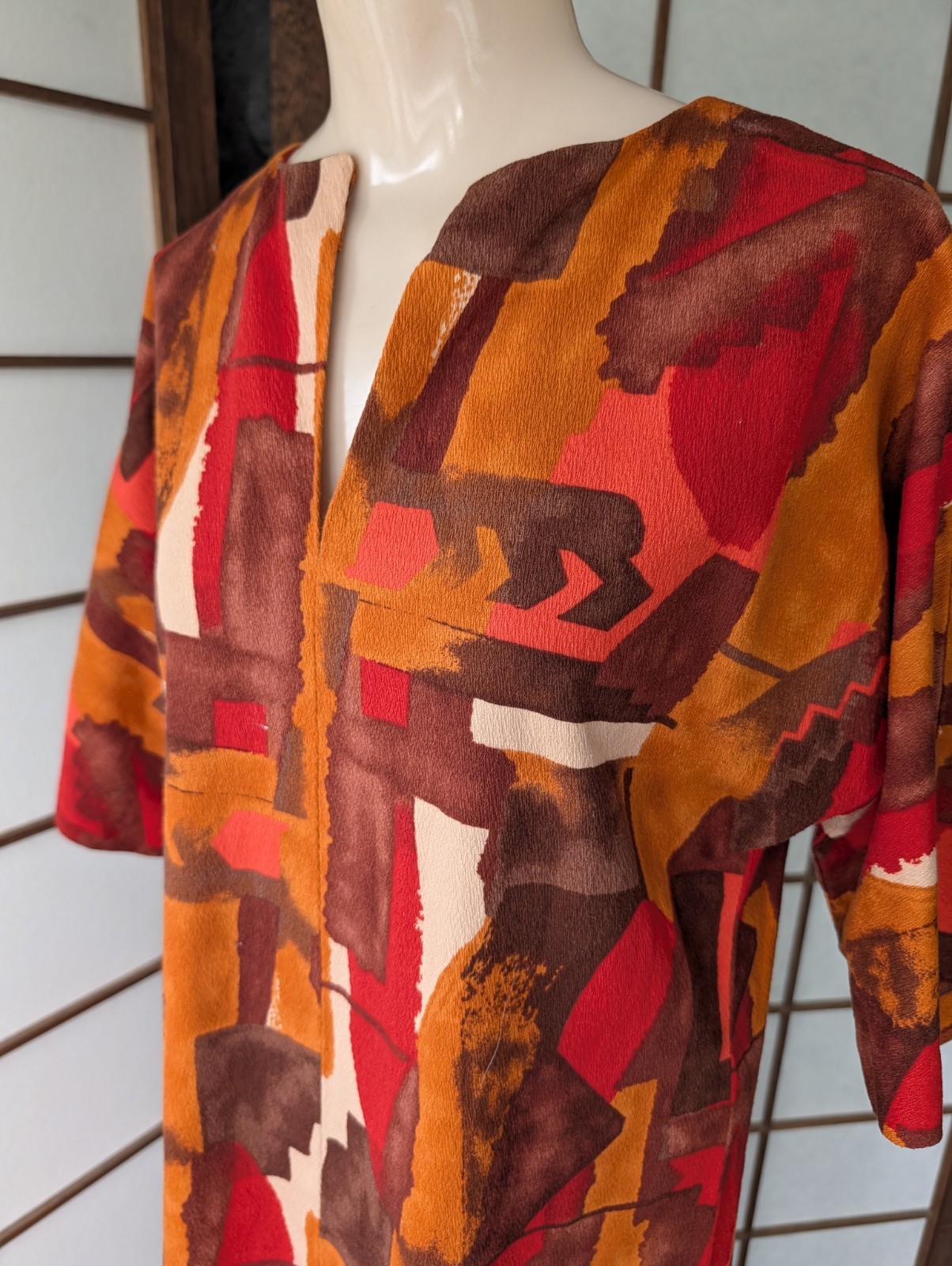 Vtg 70s Bark Cloth Caftan Dress MuuMuu Hand Made Abstract Geometric Hippie Boho