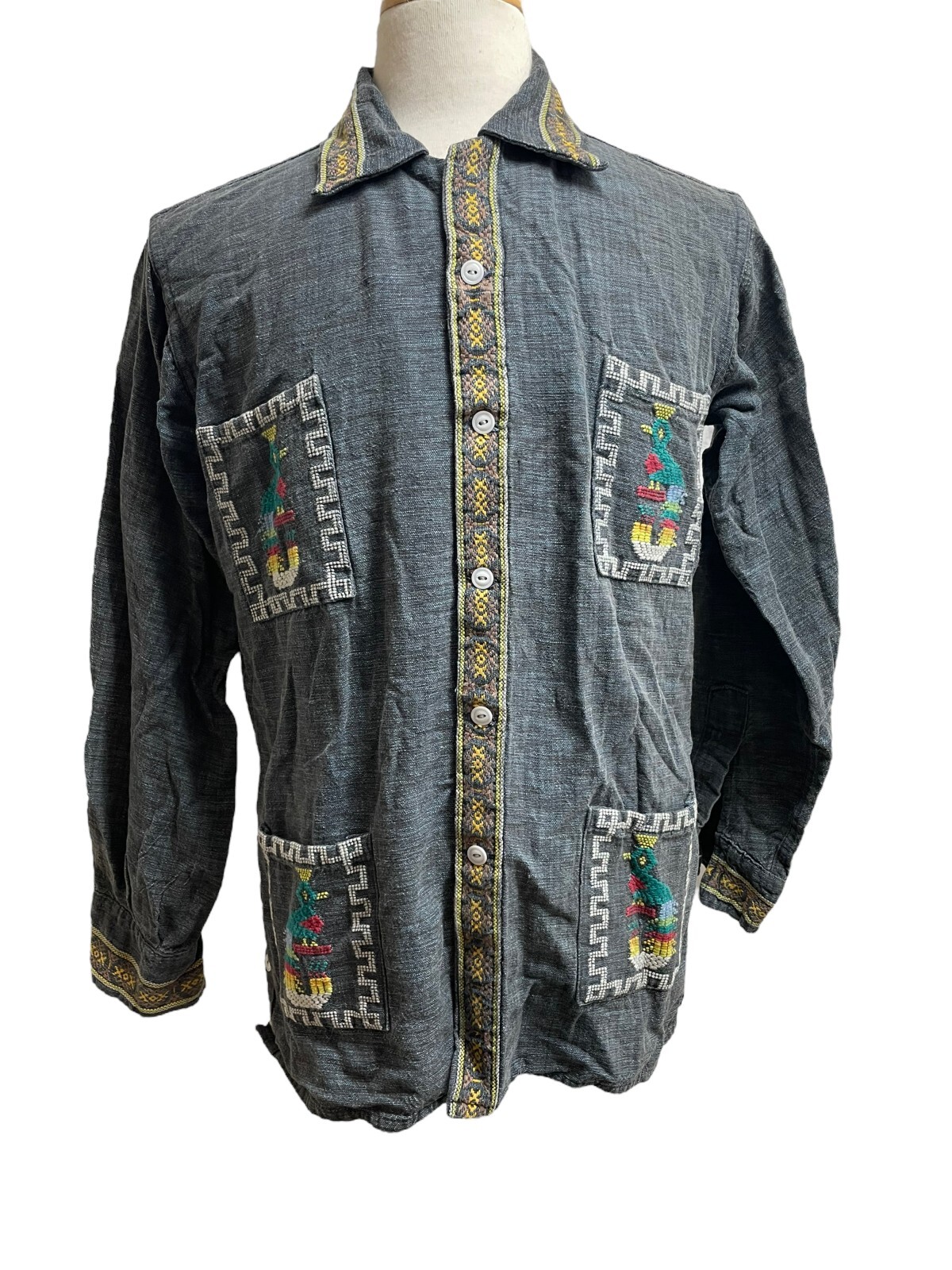 Vintage Chambray Denim Shirt Jacket Embroidered BIRDS Pockets Button Down