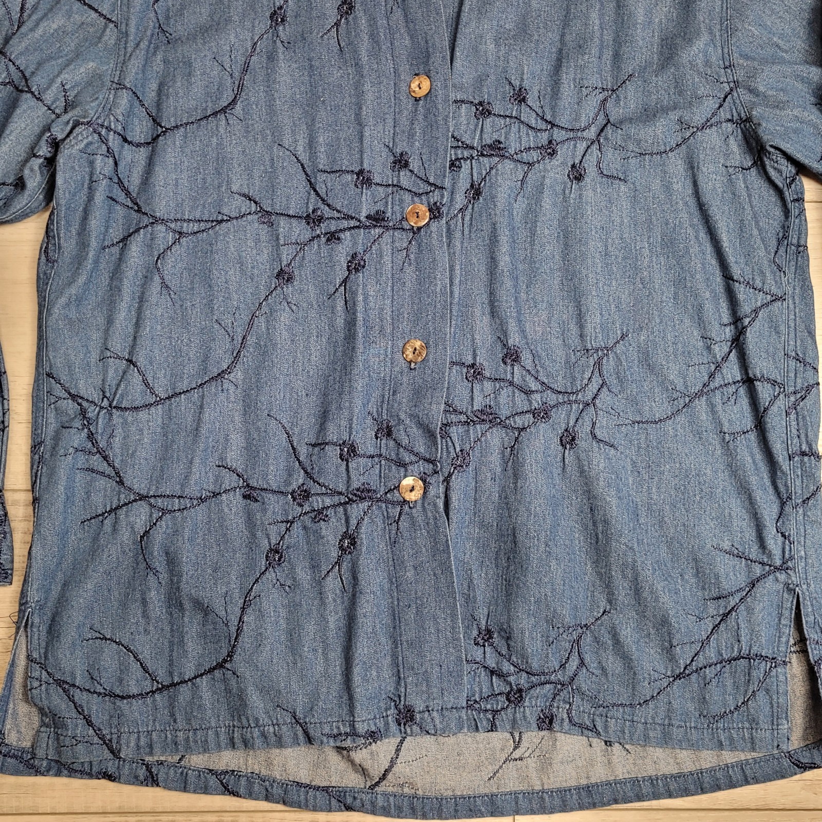 Vintage Gene Ewin BIS Shirt Womens M Wrinkled Rich Denim Embroidered 90’s USA