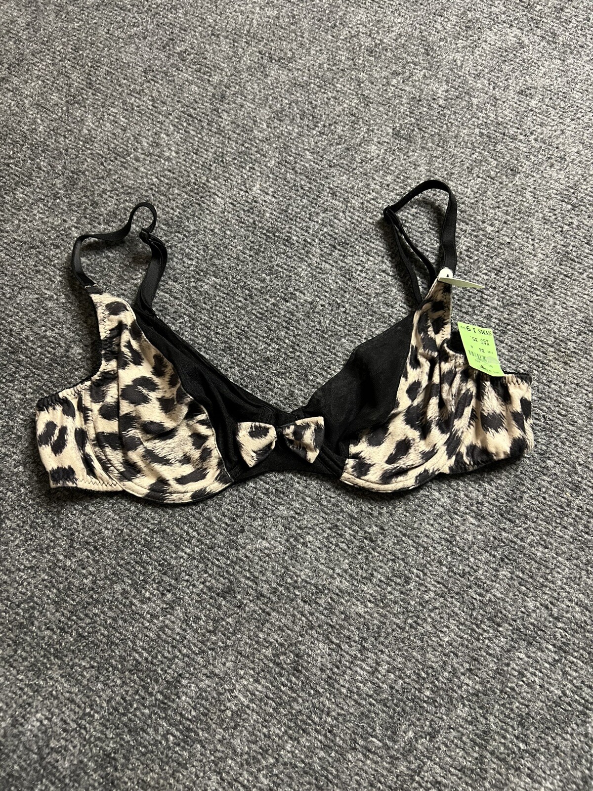 Vtg Bra NWT 34B Animal Print Black Sheer Bow 90’s Pinup Goddess Made In France
