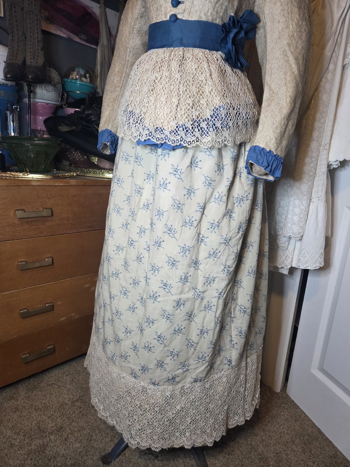 1850s Victorian 4pc Beige/Teal Cotton Blend Visiting Dress w/ Peplum & Lace Belt