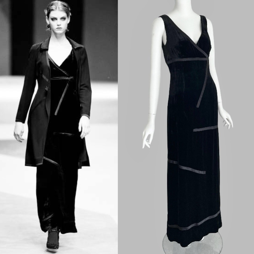 Moschino Couture 1997 Vintage Black Velvet Maxi Gown Asymmetrical Ribbon Detail