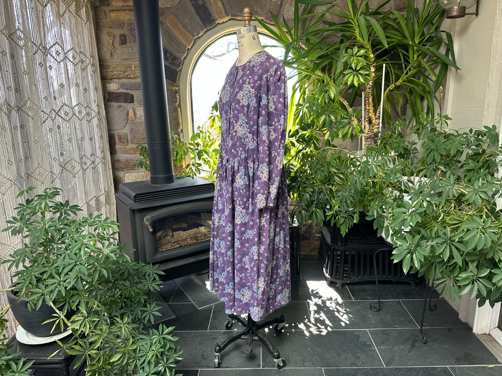 Vintage 1980s Laura Ashley Muted Purples and Gray Ditsy Floral Cotton Wool Dress