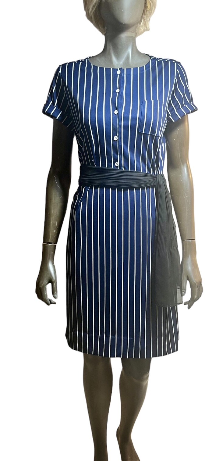Vintage LANVIN 1970s Poly Knit French Designer Embroidered Logo Day Dress L 16