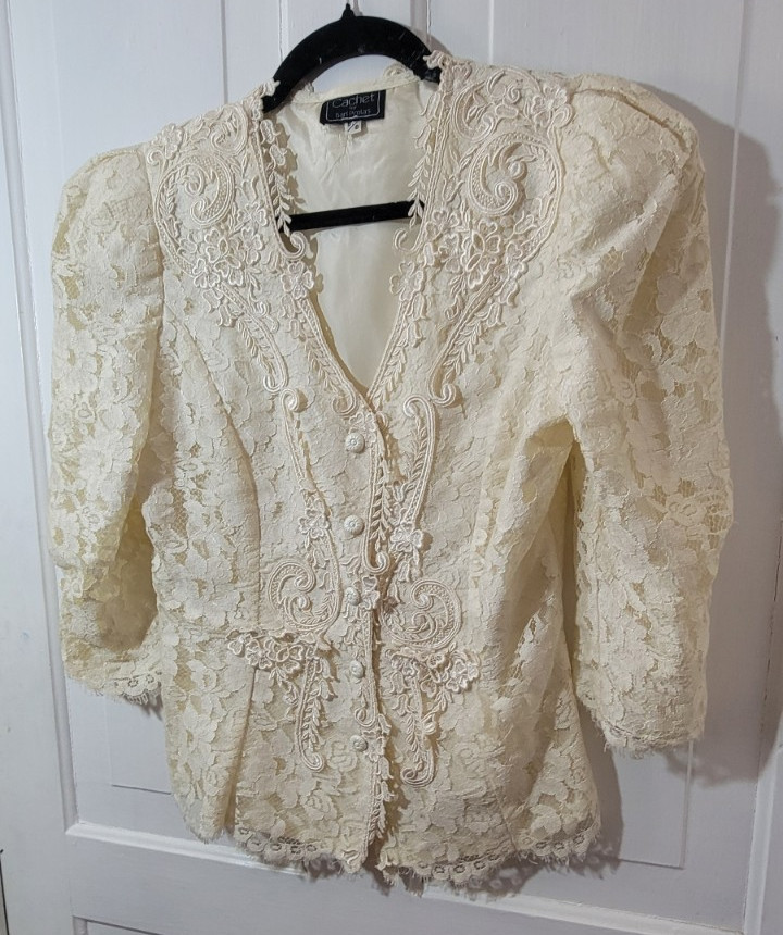 EUC VTG Cachet Ivory Lace 80s Skirt Suit Victorian 5/6 XS Wedding Mother Bride