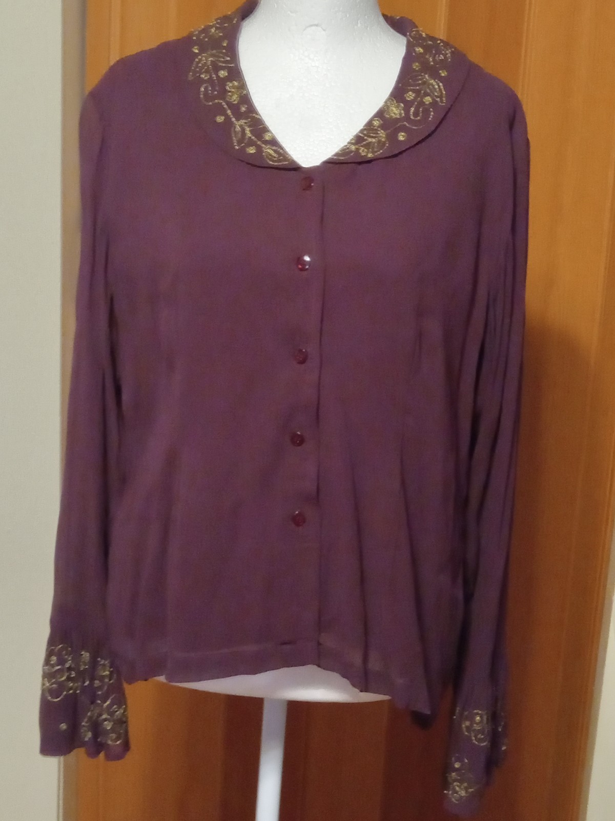 Vintage April Cornell Dark Plum Blouse Sheer Sleeves Gold Embroidery Collar S