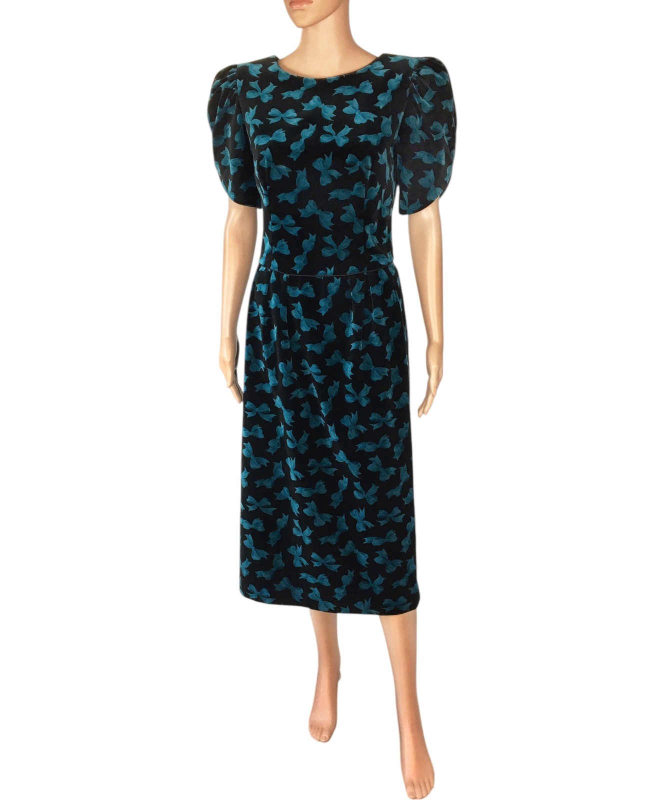 Vintage 80s LANZ Black Velvet w Blue Bows Puff Sleeve Party Cocktail Dress S
