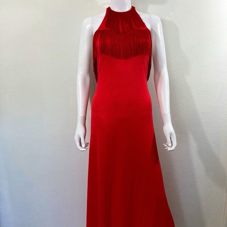 Vintage Disco Dress, Joy Stevens California Red Fringe 1970’s Retro Gown Size 6