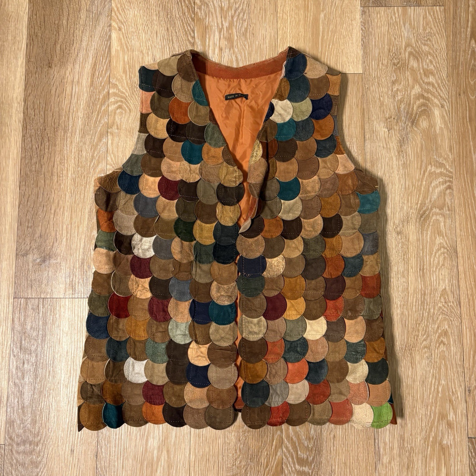 1960s 1970s Patchwork Earth Tone Leather Fish Scale Multicolor Vest Small