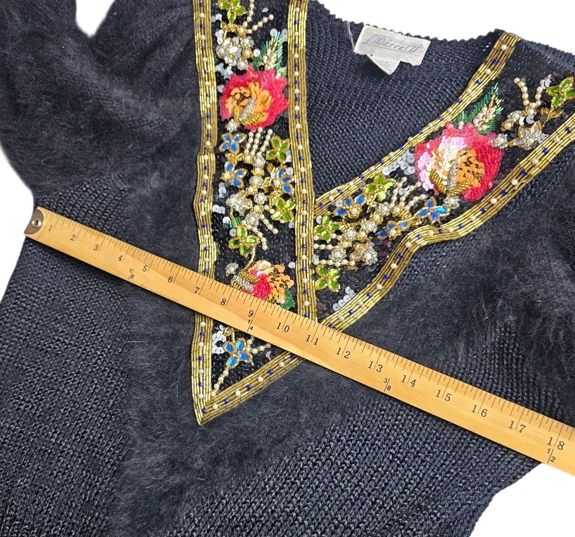 Vtg 80s Fluffy Angora Blend Embellished Sweater SIDE EFFECTS Women M Retro Glam