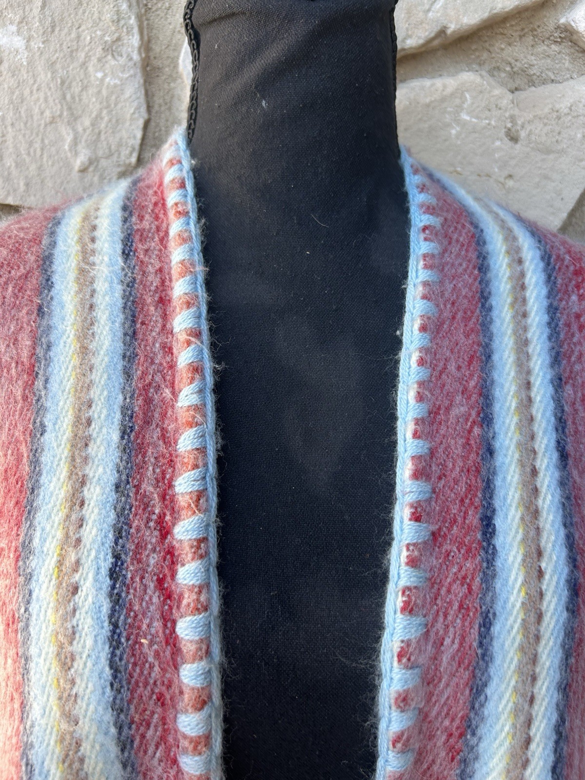 Vintage Poncho Serape Blanket Stripe Wool? Fringe Square 36″ One Size S M L XL