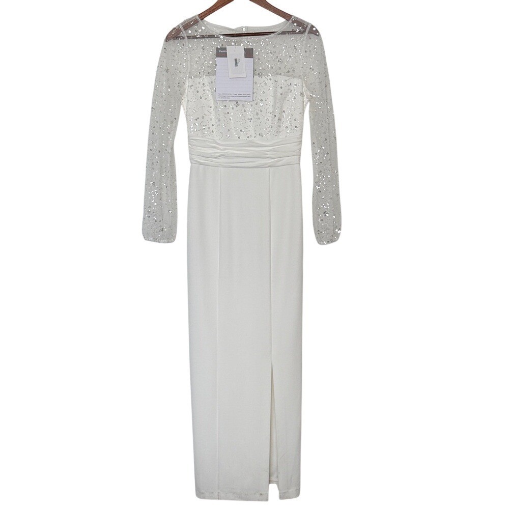 JS Collections Beaded Illusion Sleeve Ivory Bridal Gown Wedding Dress 4 NWT