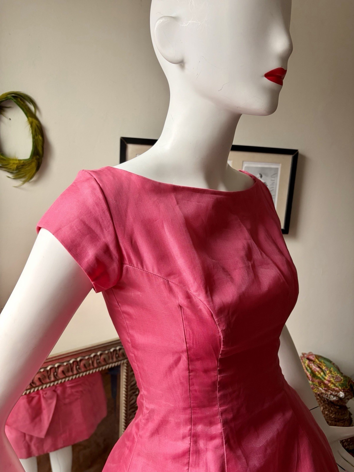 Vtg 50s EMMA DOMB Hot Pink Silk & Tulle Midi Cupcake Prom Party Dress S 36/26