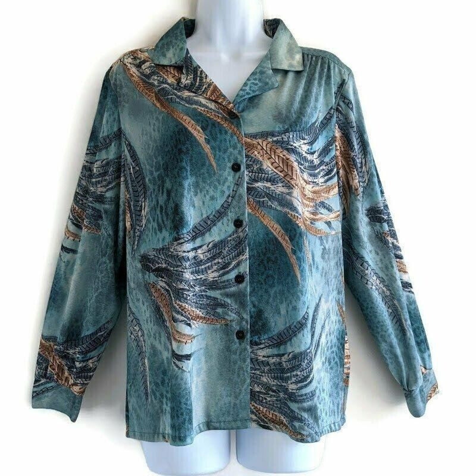 Vintage 90s Blouse MP Feather Print Knit Button Front Groovy Disco Stretchy