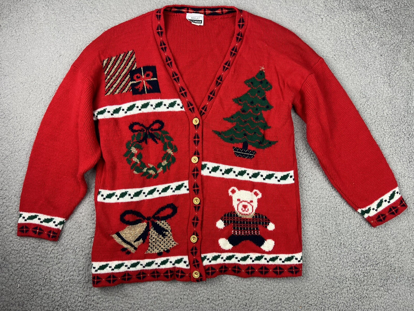 VTG Adele Knitwear Ugly Christmas Sweater Large Bear Tree Bells Present Cardigan