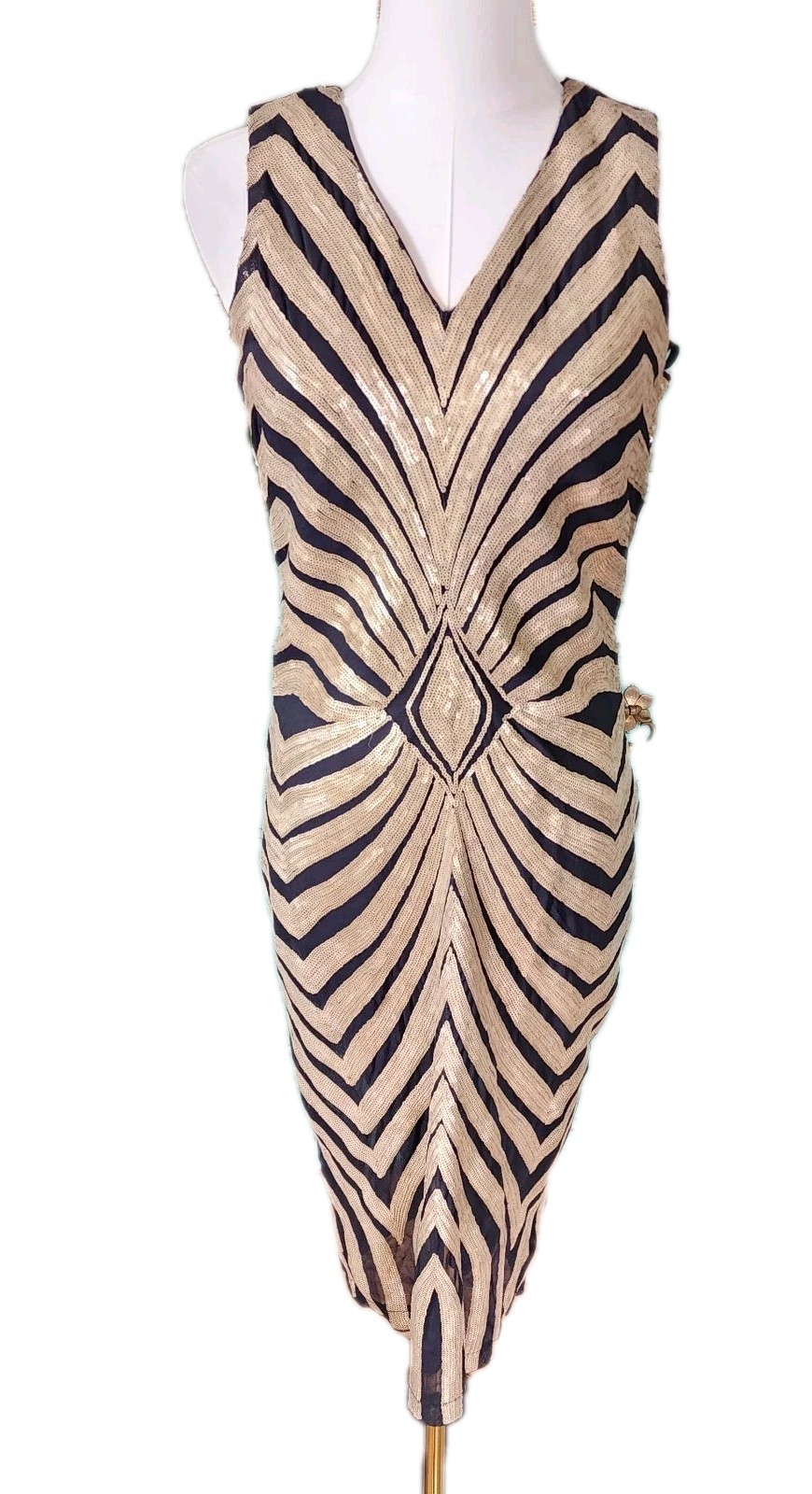 Vintage Olivia Mattheas Gold Sequined And Black Mesh Tight Fitting Evening Dress