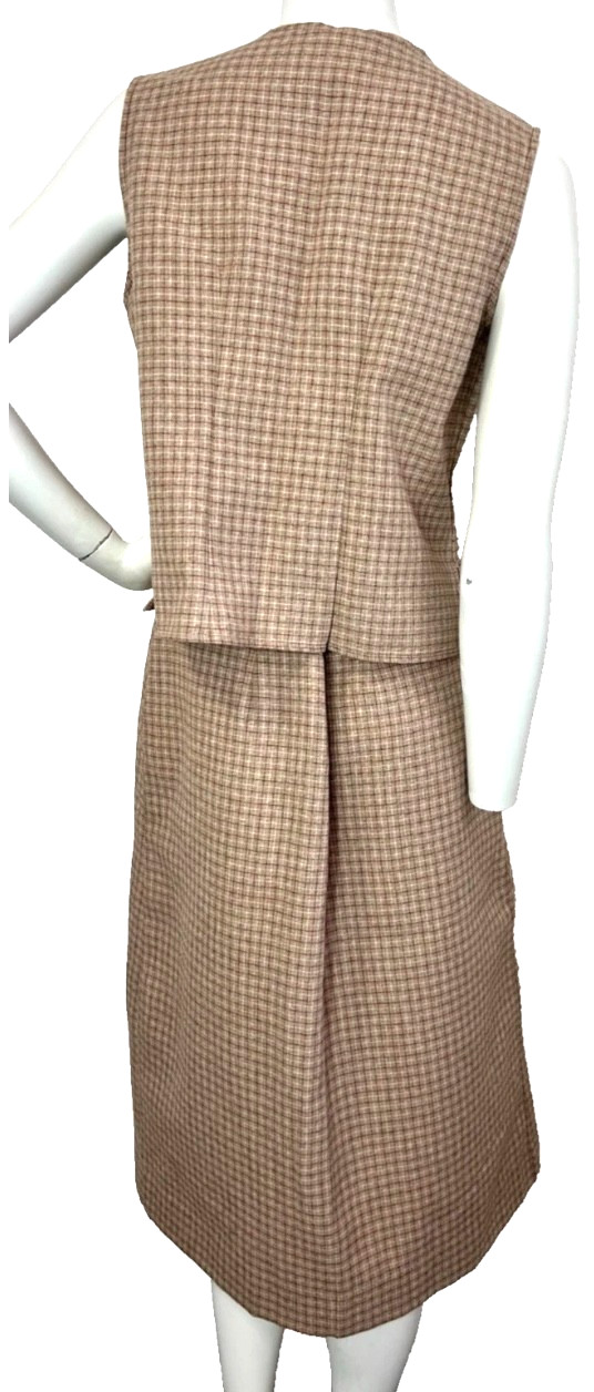 60s-70s Plaid Vest Top Skirt Set Size Small Career Guild Vintage Midi Brown Red