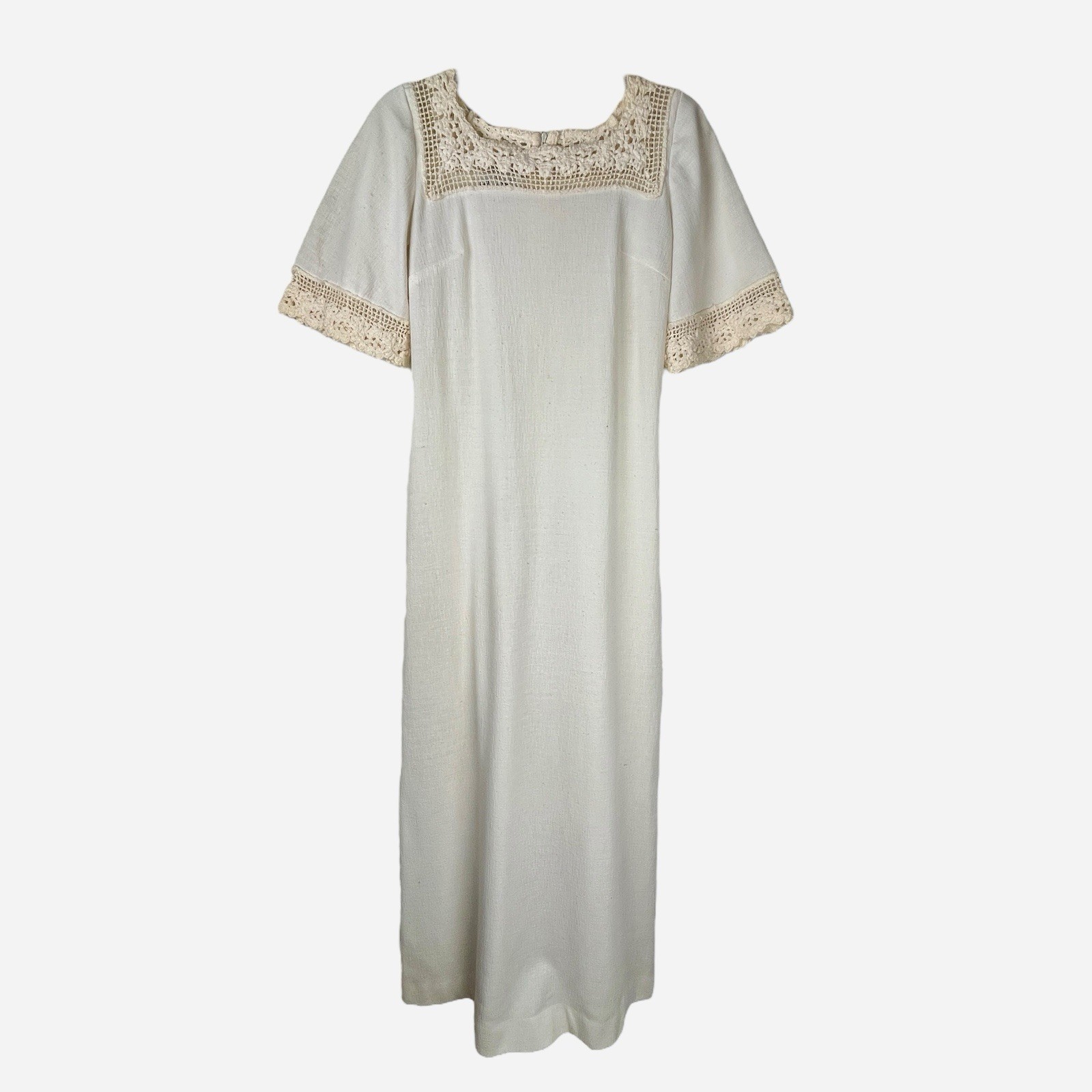 Vintage 60s Butte Knit Off White Ivory Dress Crochet Long Shift Union Made Sz 2