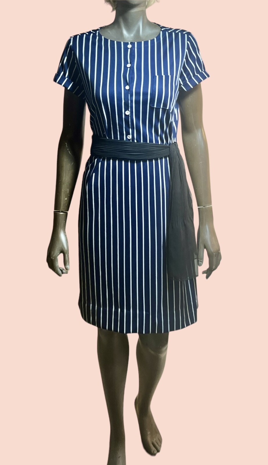Vintage LANVIN 1970s Poly Knit French Designer Embroidered Logo Day Dress L 16