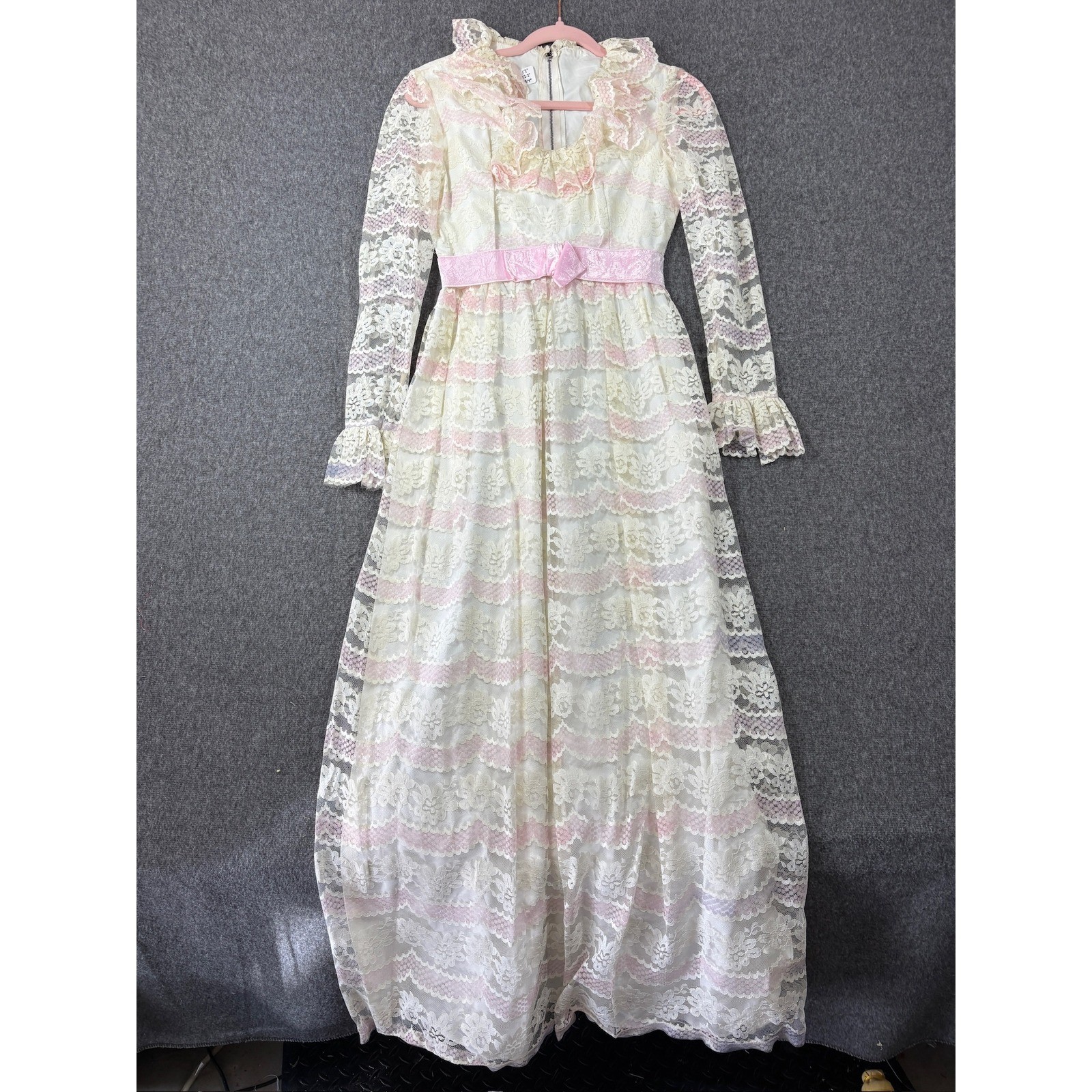 Vintage 70s Ivory Pink Tiered Lace Maxi Dress Ruffle Long Sleeve Prairie Gown