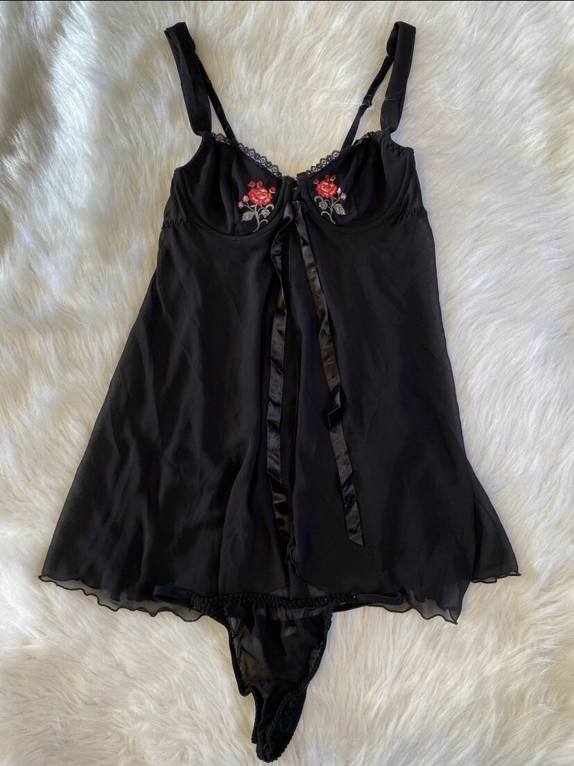 Vintage Gilligan & O’Malley Lingerie Womens Size Medium Black Floral Black Sheer