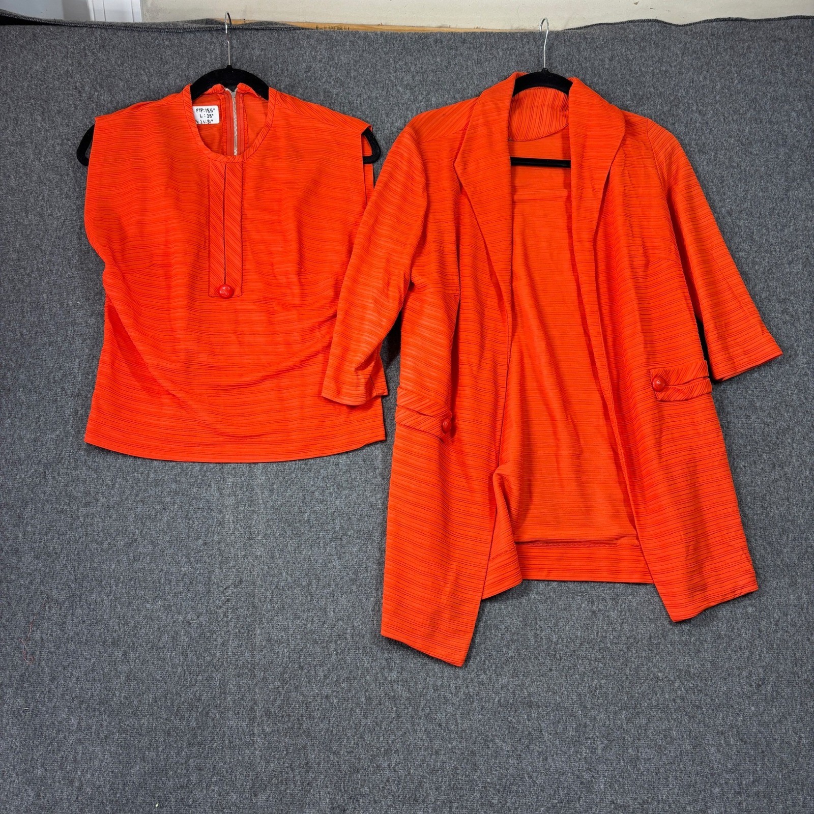 Vintage 60s Orange Ribbed 2 Piece Set Sleeveless Top and Longline Cardigan 12