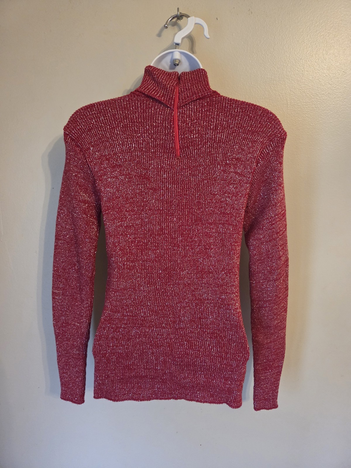 Vintage 70s Adriana Red Metallic Turtleneck Acrylic Sweater Womens M