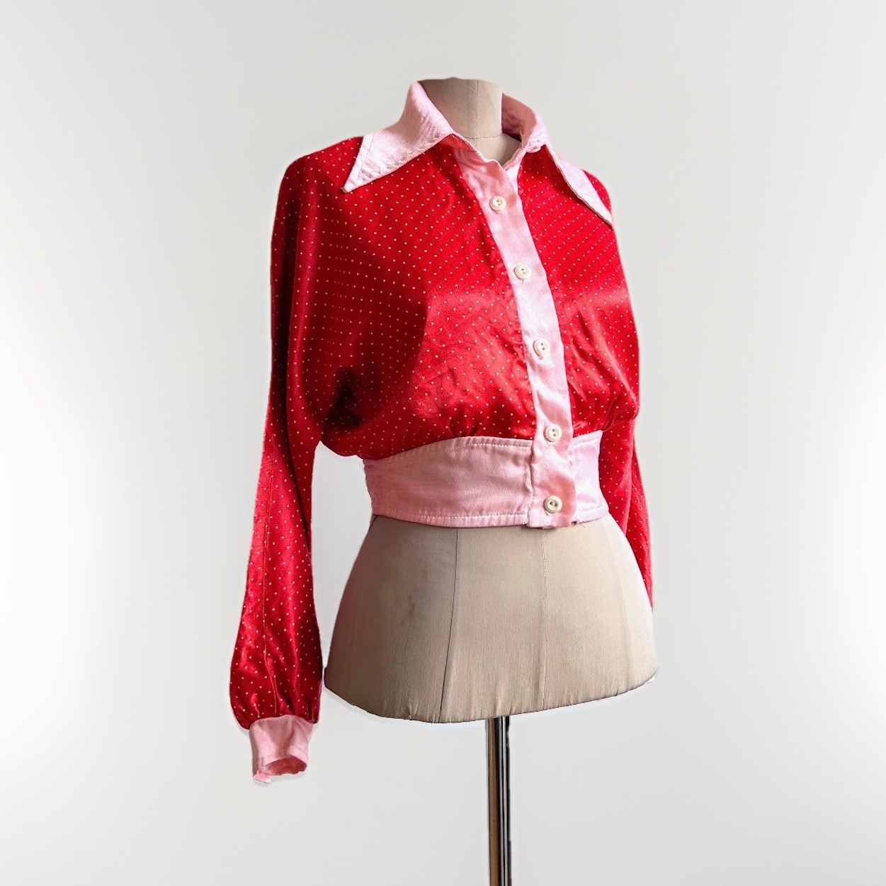 Vintage 70s Crop Top Dagger Collar Button Up Red Polka Dot Nylon Satin sz S