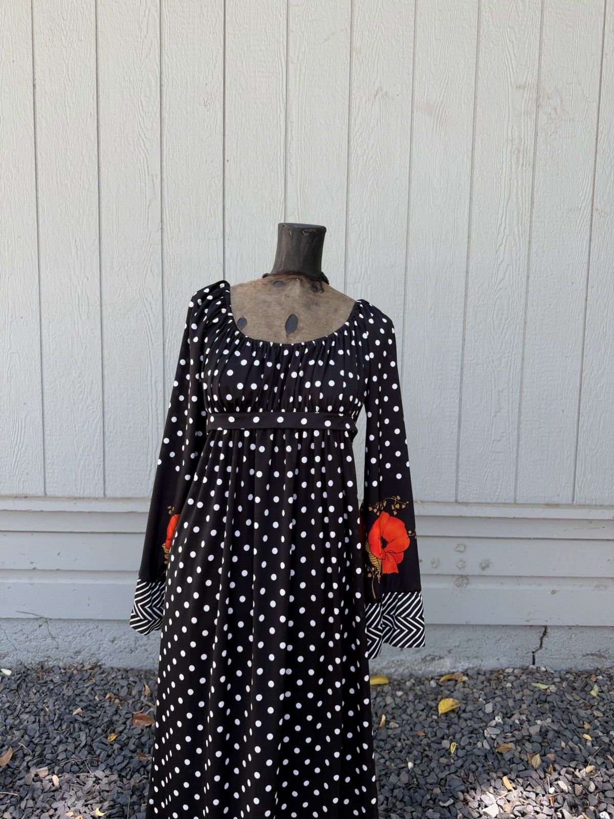 Vintage 70s Black Polka Dot Poppy Maxi Dress Boho Prairie Hippie California L